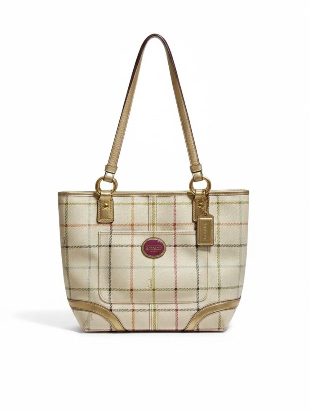 Coach Beige Plaid Leather-Trim Tote Bag